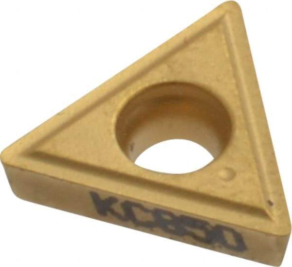Kennametal - TPGM21.51 Grade KC850 Carbide Turning Insert - TiC/TiCN/TiN Finish, 60° Triangle, 1/4" Inscr Circle, 3/32" Thick, 1/64" Corner Radius - Eagle Tool & Supply