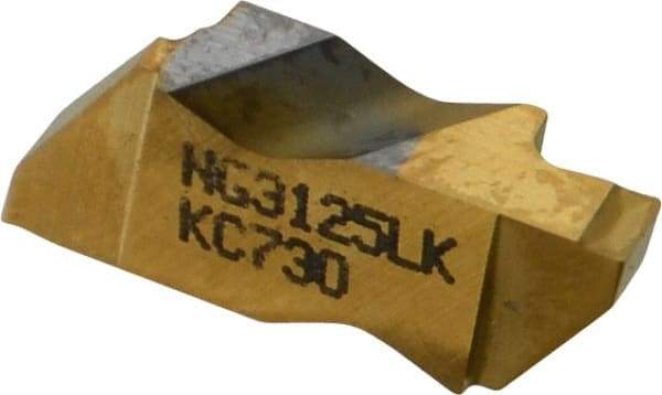 Kennametal - 3125NG K Grade KC730, 3.18mm Cutting Width Carbide Grooving Insert - 3.81mm Max Depth of Cut, Left Hand, 0.19mm Corner Radius, TiN Finish - Eagle Tool & Supply