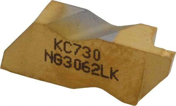Kennametal - 3062NG K Grade KC730, 1.58mm Cutting Width Carbide Grooving Insert - 2.39mm Max Depth of Cut, Left Hand, 0.19mm Corner Radius, TiN Finish - Eagle Tool & Supply