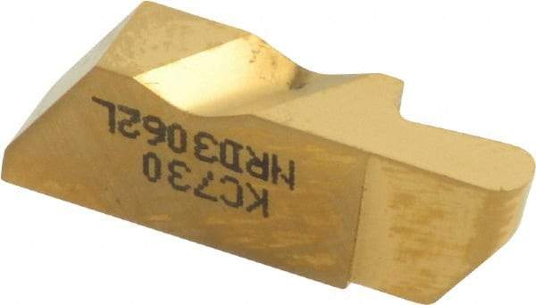 Kennametal - 3062NRD K Grade KC730, 3.18mm Cutting Width Carbide Grooving Insert - 6.35mm Max Depth of Cut, Left Hand, 1.59mm Corner Radius, TiN Finish - Eagle Tool & Supply