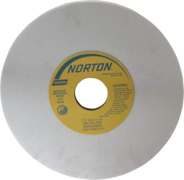 Norton - 7" Diam x 1-1/4" Hole x 1/4" Thick, L Hardness, 100 Grit Surface Grinding Wheel - Aluminum Oxide, Type 1, Fine Grade, 3,600 Max RPM, Vitrified Bond, No Recess - Eagle Tool & Supply