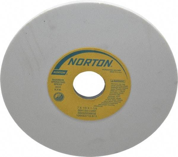 Norton - 7" Diam x 1-1/4" Hole x 1/4" Thick, L Hardness, 150 Grit Surface Grinding Wheel - Aluminum Oxide, Type 1, Very Fine Grade, 3,600 Max RPM, Vitrified Bond, No Recess - Eagle Tool & Supply