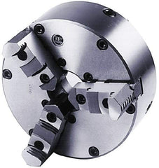 BTC - 3 Jaws, 8" Diam, Self Centering Manual Lathe Chuck - Plain Back Mount Spindle, Adjustable, Reversible, 3,100 Max RPM, 2.264" Through Hole Diam, Cast Iron - Eagle Tool & Supply