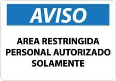 NMC - "Area Restringida - Personal Autorizado Solamente", 10" Long x 14" Wide, Pressure-Sensitive Vinyl Safety Sign - Rectangle, 0.004" Thick, Use for Security & Admittance - Eagle Tool & Supply