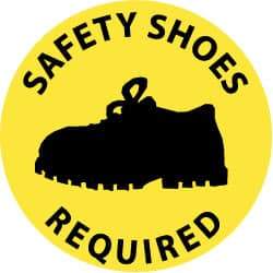 NMC - Safety Shoes Required, Anti-Skid Pressure-Sensitive Vinyl Floor Sign - Round, Black on Yellow, Adhesive Backed, For Accident Prevention - Eagle Tool & Supply