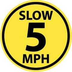 NMC - Slow 5 MPH, Anti-Skid Pressure-Sensitive Vinyl Floor Sign - Round, Black on Yellow, Adhesive Backed, For Security & Admittance - Eagle Tool & Supply