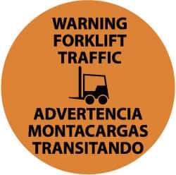 NMC - Warning Forklift Traffic, Anti-Skid Pressure-Sensitive Vinyl Floor Sign - Round, Black on Orange, Adhesive Backed, For Accident Prevention - Eagle Tool & Supply