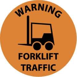 NMC - Warning Forklift Traffic, Anti-Skid Pressure-Sensitive Vinyl Floor Sign - Round, Black on Orange, Adhesive Backed, For Accident Prevention - Eagle Tool & Supply