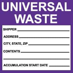 NMC - Hazardous Materials Label - Legend: Universal Waste, English, Black, White & Purple, 6" Long x 6" High, Sign Muscle Finish - Eagle Tool & Supply