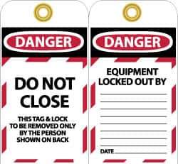 NMC - 3" High x 6" Long, DO NOT CLOSE, English Safety & Facility Lockout Tag - Tag Header: Danger, 2 Sides, Black, Red & White Unrippable Vinyl - Eagle Tool & Supply
