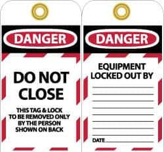 NMC - 3" High x 6" Long, DO NOT CLOSE, English Safety & Facility Lockout Tag - Tag Header: Danger, 2 Sides, Black, Red & White Unrippable Vinyl - Eagle Tool & Supply