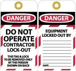 NMC - 3" High x 6" Long, DO NOT OPERATE CONTRATOR LOCK OUT, English Safety & Facility Lockout Tag - Tag Header: Danger, 2 Sides, Black, Red & White Unrippable Vinyl - Eagle Tool & Supply