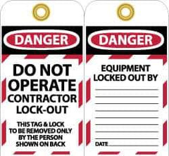 NMC - 3" High x 6" Long, DO NOT OPERATE CONTRATOR LOCK OUT, English Safety & Facility Lockout Tag - Tag Header: Danger, 2 Sides, Black, Red & White Unrippable Vinyl - Eagle Tool & Supply