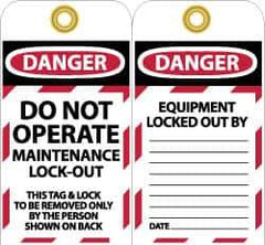 NMC - 3" High x 6" Long, DO NOT OPERATE MAINTENANCE LOCKOUT, English Safety & Facility Lockout Tag - Tag Header: Danger, 2 Sides, Black, Red & White Unrippable Vinyl - Eagle Tool & Supply