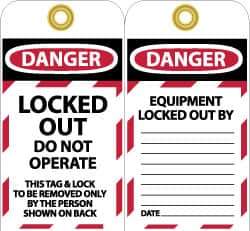 NMC - 3" High x 6" Long, LOCKED OUT - DO NOT OPERATE, English Safety & Facility Lockout Tag - Tag Header: Danger, 2 Sides, Black, Red & White Unrippable Vinyl - Eagle Tool & Supply
