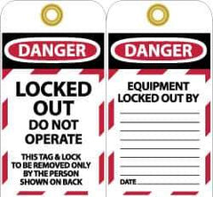 NMC - 3" High x 6" Long, LOCKED OUT - DO NOT OPERATE, English Safety & Facility Lockout Tag - Tag Header: Danger, 2 Sides, Black, Red & White Unrippable Vinyl - Eagle Tool & Supply