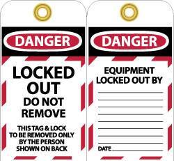 NMC - 3" High x 6" Long, LOCKED OUT - DO NOT REMOVE, English Safety & Facility Lockout Tag - Tag Header: Danger, 2 Sides, Black, Red & White Unrippable Vinyl - Eagle Tool & Supply