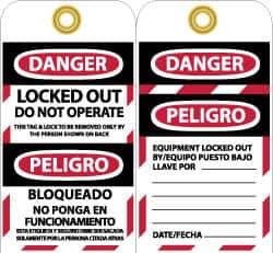 NMC - 3" High x 6" Long, DANGER - LOCKED OUT - DO NOT OPERATE - THIS TAG & LOCK TO BE REMOVED ONLY BY THE PERSON SHOWN ON BACK, English & Spanish Safety & Facility Lockout Tag - Tag Header: Danger, 2 Sides, Black, Red & White Vinyl - Eagle Tool & Supply