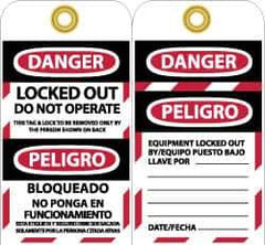 NMC - 3" High x 6" Long, DANGER - LOCKED OUT - DO NOT OPERATE - THIS TAG & LOCK TO BE REMOVED ONLY BY THE PERSON SHOWN ON BACK, English & Spanish Safety & Facility Lockout Tag - Tag Header: Danger, 2 Sides, Black, Red & White Vinyl - Eagle Tool & Supply