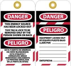 NMC - 3" High x 6" Long, DANGER - THIS ENERGY SOURCE HAS BEEN LOCKED OUT - THIS TAB & LOCK TO BE REMOVED ONLY BY THE PERSON SHOWN ON BACK, English & Spanish Safety & Facility Lockout Tag - Tag Header: Danger, 2 Sides, Black, Red & White Vinyl - Eagle Tool & Supply