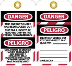 NMC - 3" High x 6" Long, DANGER - THIS ENERGY SOURCE HAS BEEN LOCKED OUT - THIS TAB & LOCK TO BE REMOVED ONLY BY THE PERSON SHOWN ON BACK, English & Spanish Safety & Facility Lockout Tag - Tag Header: Danger, 2 Sides, Black, Red & White Vinyl - Eagle Tool & Supply