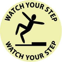 NMC - Watch Your Step - Watch Your Step, Anti-Skid Polyester Floor Sign - Round, Black on Yellow (Glow), Adhesive Backed, For Accident Prevention - Eagle Tool & Supply