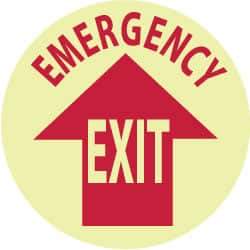 NMC - Emergency Exit, Anti-Skid Polyester Floor Sign - Round, Red on Glow (Yellow), Adhesive Backed, For Exit, Entrance & Directional - Eagle Tool & Supply