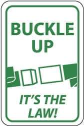 NMC - "Buckle Up - It's the Law", "Buckle", 12" Wide x 18" High, Aluminum Parking Lot Traffic Signs - 0.04" Thick, Green on White, Rectangle, Post Mount - Eagle Tool & Supply