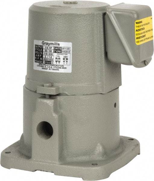 Graymills - 3/1.5 Amp, 115/230 Volt, 1/4 hp, 1 Phase, 3,450 RPM, Cast Iron Suction Machine Tool & Recirculating Pump - 20 GPM, 32 psi, 7-3/8" Long x 7-3/8" Mounting Flange Width, 9" Overall Height, Plastic Impeller, TEFC Motor - Eagle Tool & Supply