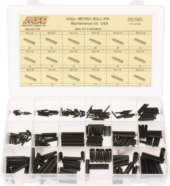 Made in USA - 325 Piece, M1 to M8 Pin Diam, Spring Pin Assortment - 10 to 40mm Long, Steel - Eagle Tool & Supply