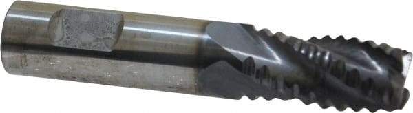 ProMax - 3/8" Diam, Coarse Pitch, 5/8" LOC, 4 Flute Solid Carbide 0.055-0.065" Corner Radius Roughing End Mill - AlTiN Finish, 2" OAL, 3/8" Shank Diam, Single End, Centercutting, 30° Helix - Eagle Tool & Supply