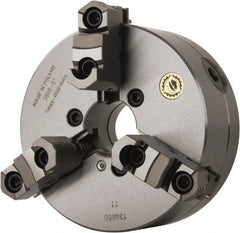 Bison - 3 Jaws, 6" Diam, Self Centering Manual Lathe Chuck - Plain Back Mount Spindle, Reversible, 4,500 Max RPM, 1.6535" Through Hole Diam, 0.0014" Axial Runout, 0.0012" Radial Runout, Forged Steel - Eagle Tool & Supply