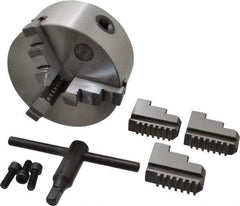 Interstate - 3 Jaws, 5" Diam, Self Centering Manual Lathe Chuck - Plain Back Mount Spindle, 1.1811" Through Hole Diam, 0.003" Axial Runout, Cast Iron - Eagle Tool & Supply