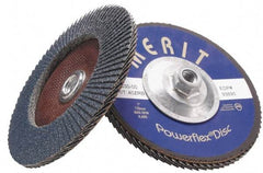 Merit Abrasives - 120 Grit, 4-1/2" Disc Diam, 5/8-11 Center Hole, Type 27 Zirconia Alumina Flap Disc - 13,300 Max RPM, Fiberglass Backing, Arbor Attaching System, Coated - Eagle Tool & Supply