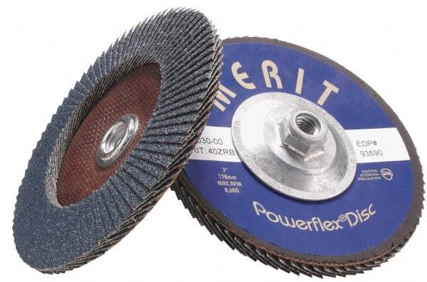 Merit Abrasives - 40 Grit, 7" Disc Diam, 5/8-11 Center Hole, Type 27 Zirconia Alumina Flap Disc - 8,600 Max RPM, Fiberglass Backing, Arbor Attaching System, Coated - Eagle Tool & Supply