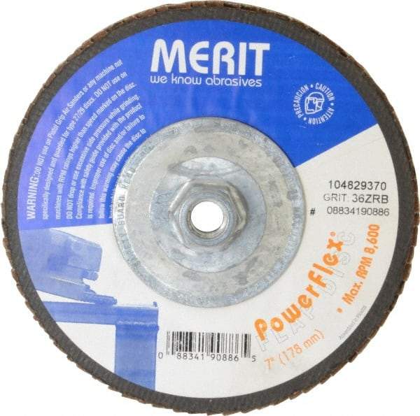 Merit Abrasives - 36 Grit, 7" Disc Diam, 5/8-11 Center Hole, Type 27 Zirconia Alumina Flap Disc - 8,600 Max RPM, Fiberglass Backing, Arbor Attaching System, Coated - Eagle Tool & Supply