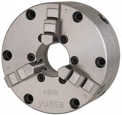 Yuasa - 3 Jaws, 10" Diam, Self Centering Manual Lathe Chuck - Plain Back Mount Spindle, Adjustable, Reversible, 3.5433" Through Hole Diam, 0.0005" Axial Runout, Cast Iron - Eagle Tool & Supply