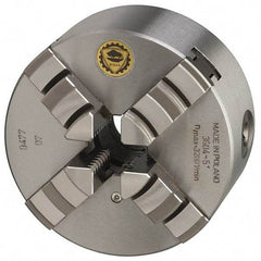 Bison - 4 Jaws, 6" Diam, Self Centering Manual Lathe Chuck - Plain Back Mount Spindle, 3,000 Max RPM, 1.6535" Through Hole Diam, 0.0008" Axial Runout, 0.0012" Radial Runout, Cast Iron - Eagle Tool & Supply