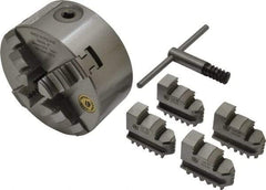 Bison - 4 Jaws, 5" Diam, Self Centering Manual Lathe Chuck - Plain Back Mount Spindle, 3,200 Max RPM, 9.921" Through Hole Diam, 0.0008" Axial Runout, 0.0012" Radial Runout, Cast Iron - Eagle Tool & Supply