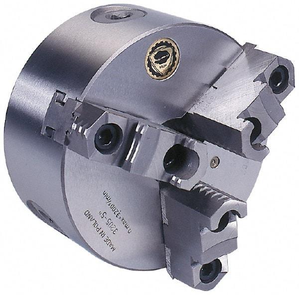 Bison - 3 Jaws, 5" Diam, Self Centering Manual Lathe Chuck - 1-10" Spindle Mount, Reversible, 3,200 Max RPM, 1.2598" Through Hole Diam, 0.0008" Axial Runout, 0.0012" Radial Runout, Cast Iron - Eagle Tool & Supply