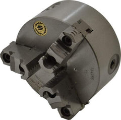 Bison - 3 Jaws, 5" Diam, Self Centering Manual Lathe Chuck - Plain Back Mount Spindle, Reversible, 3,200 Max RPM, 1.2598" Through Hole Diam, 0.0008" Axial Runout, 0.0012" Radial Runout, Cast Iron - Eagle Tool & Supply