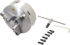 Bison - 3 Jaws, 8" Diam, Self Centering Manual Lathe Chuck - Plain Back Mount Spindle, Reversible, 2,500 Max RPM, 2.1653" Through Hole Diam, 0.001" Axial Runout, 0.0016" Radial Runout, Cast Iron - Eagle Tool & Supply