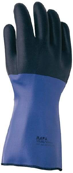 MAPA Professional - Size L (9), 14" Long, Supported, Neoprene Chemical Resistant Gloves - Textured Finish, Cotton Jersey Thermal Lined, Gauntlet Cuff, Black/Blue, FDA Approved - Eagle Tool & Supply