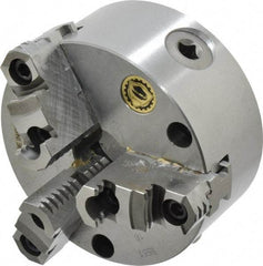 Bison - 3 Jaws, 5" Diam, Self Centering Manual Lathe Chuck - Front Mount, Reversible, 1.2598" Through Hole Diam, Cast Iron - Eagle Tool & Supply