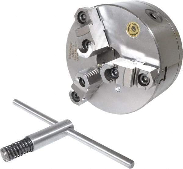 Bison - 3 Jaws, 6" Diam, Self Centering Manual Lathe Chuck - D1-4 Mount Spindle, Reversible, 3,000 Max RPM, 1.6535" Through Hole Diam, 0.0008" Axial Runout, 0.0012" Radial Runout, Cast Iron - Eagle Tool & Supply