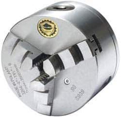 Bison - 3 Jaws, 4" Diam, Self Centering Manual Lathe Chuck - 1-1/2 - 8" Spindle Mount, 3,500 Max RPM, 0.7874" Through Hole Diam, 0.0008" Axial Runout, 0.0012" Radial Runout, Cast Iron - Eagle Tool & Supply