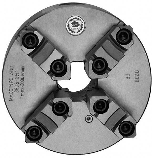 Bison - 4 Jaws, 6" Diam, Self Centering Manual Lathe Chuck - Plain Back Mount Spindle, Reversible, 3,000 Max RPM, 1.6535" Through Hole Diam, 0.0012" Axial Runout, 0.0015" Radial Runout, Cast Iron - Eagle Tool & Supply