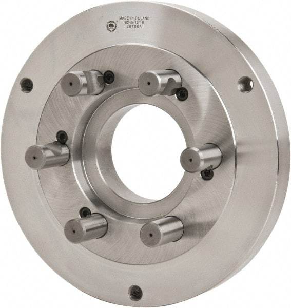 Bison - Adapter Back Plate for 12-1/2" Diam Self Centering Lathe Chucks - D1-8 Mount, 4.055" Through Hole Diam, 7.086mm ID, 12.4" OD, 1.49" Flange Height, Steel - Eagle Tool & Supply