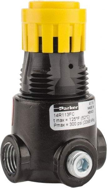 Parker - 1/4 NPT Port, 15 CFM, Zinc Miniature Regulator - 2 to 125 psi Range, 300 Max psi Supply Pressure, 1/8" Gauge Port Thread, 1.65" Wide x 2.88" High - Eagle Tool & Supply