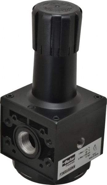 Parker - 3/4 NPT Port, 200 CFM, Aluminum Heavy-Duty Regulator - 2 to 125 psi Range, 250 Max psi Supply Pressure, 1/4" Gauge Port Thread, 3.62" Wide x 8.46" High - Eagle Tool & Supply